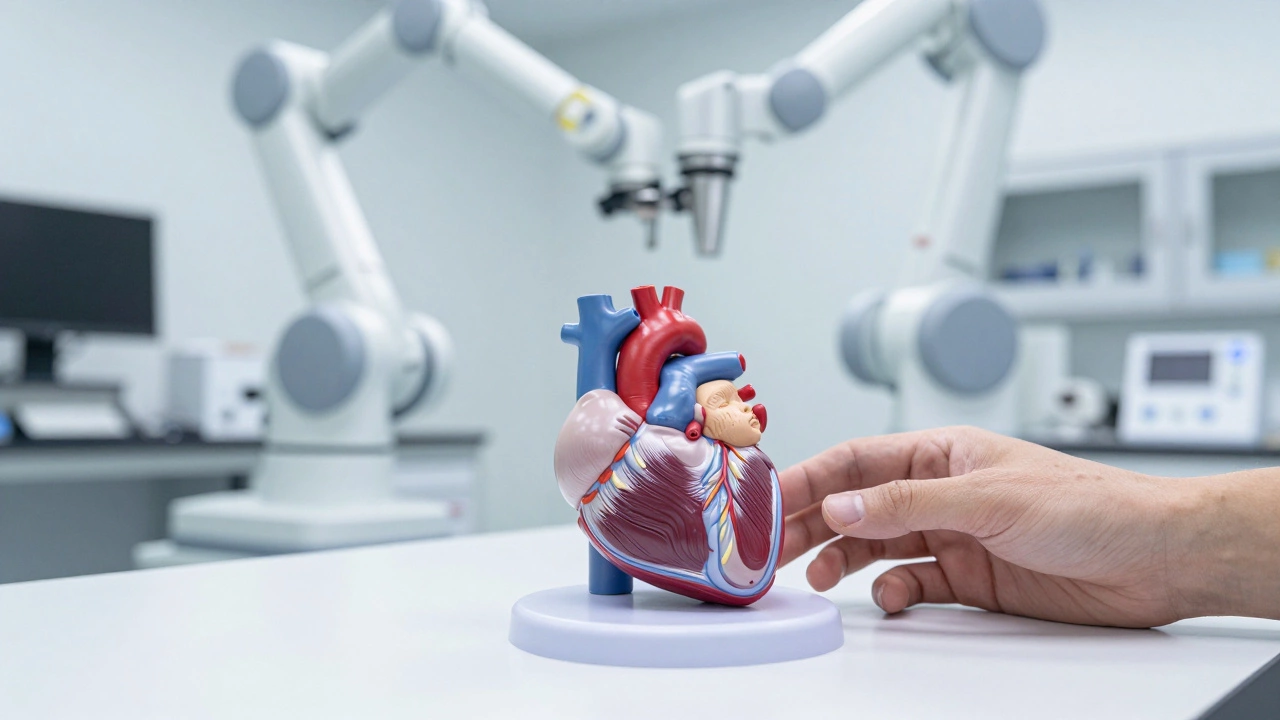 A 3D-printed model of a neonatal heart next to a robotic surgical system