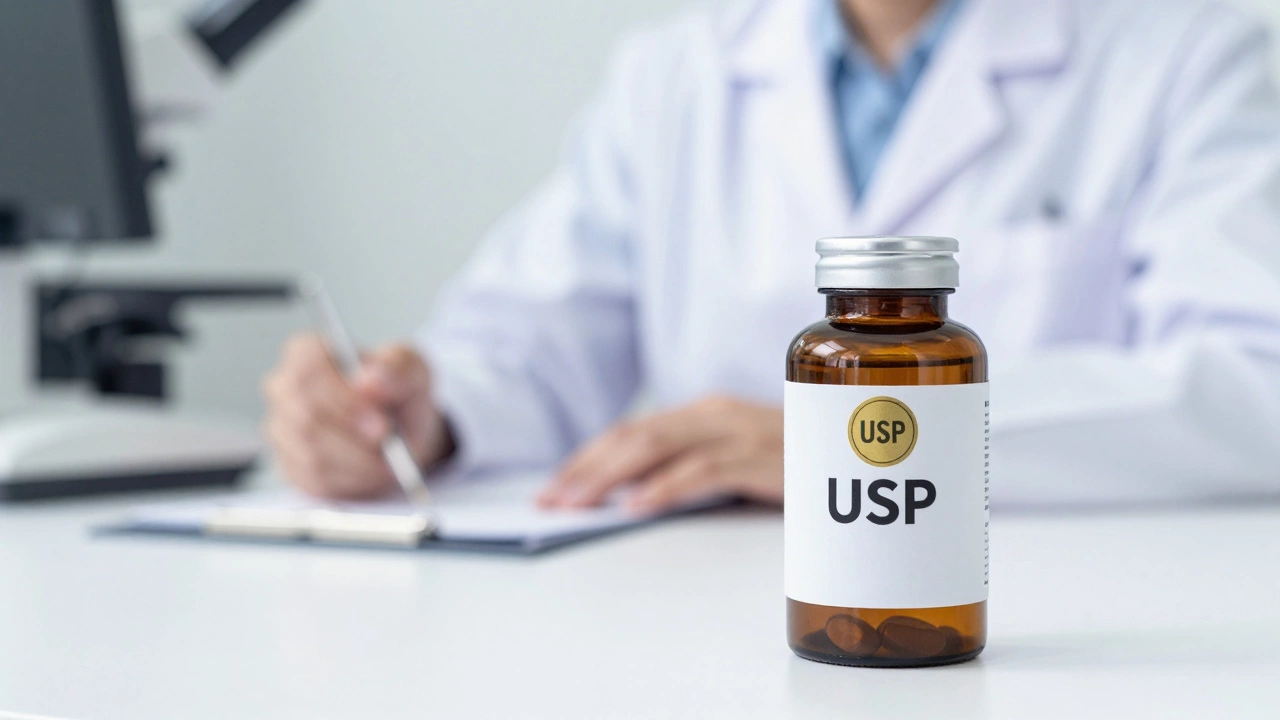Close-up of a supplement bottle featuring a quality certification seal on a white surface.