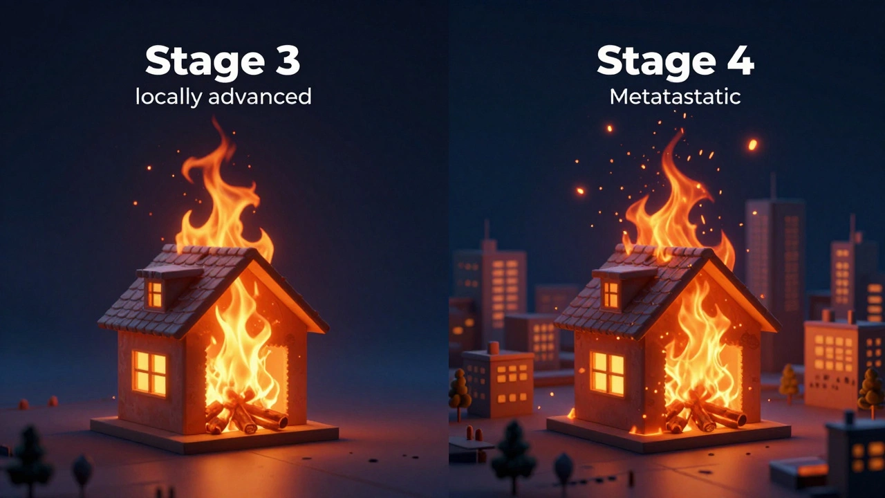 Conceptual illustration of fire spreading from one house to distant buildings.