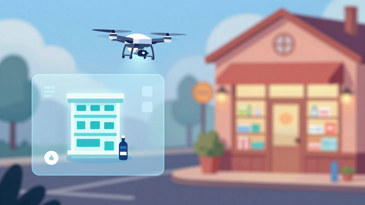 Conceptual split image showing a digital pharmacy service and a traditional local drugstore.