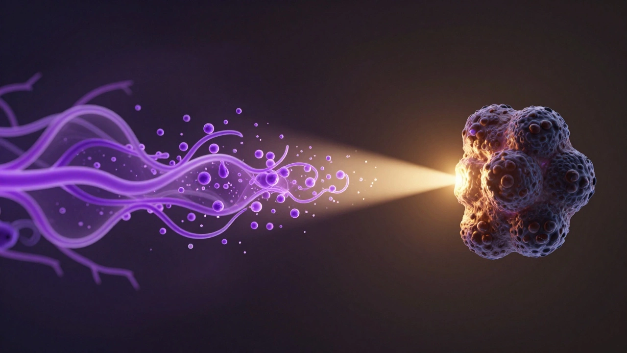 Conceptual visual comparing systemic chemotherapy flow with a precise radiation beam targeting cells.