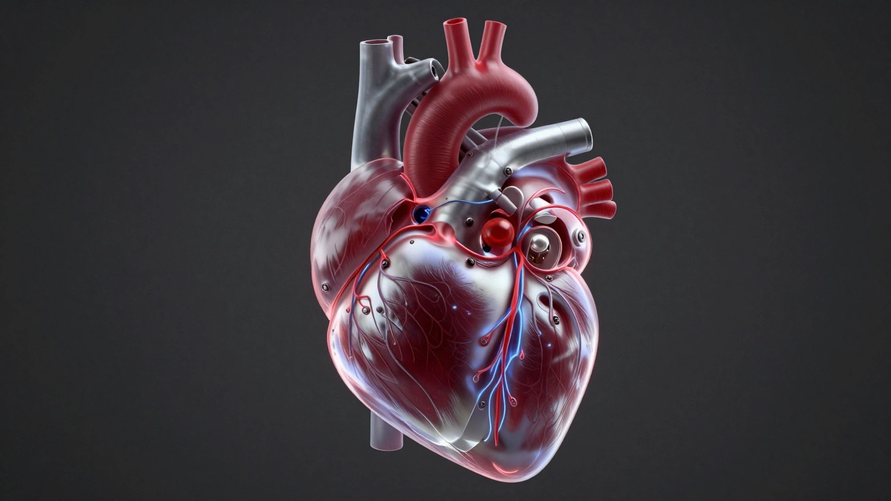 Detailed 3D diagram of a mechanical LVAD pump integrated into a human heart