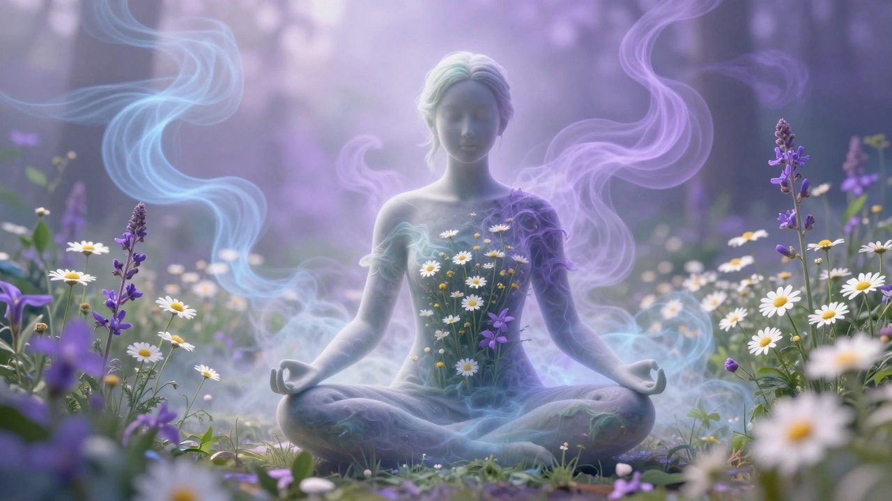Meditating silhouette surrounded by chamomile and valerian flowers in a calming blue mist.