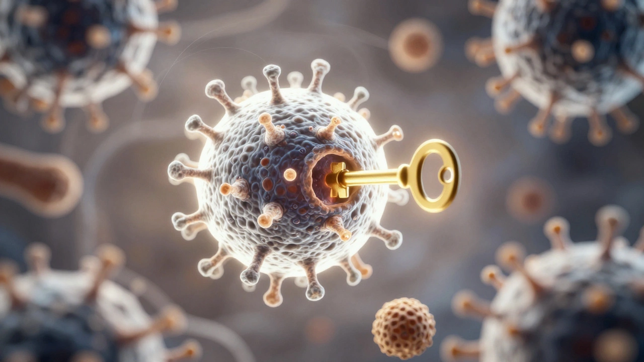 Microscopic view of a glowing immune cell attacking a cancer cell with a symbolic gold key.