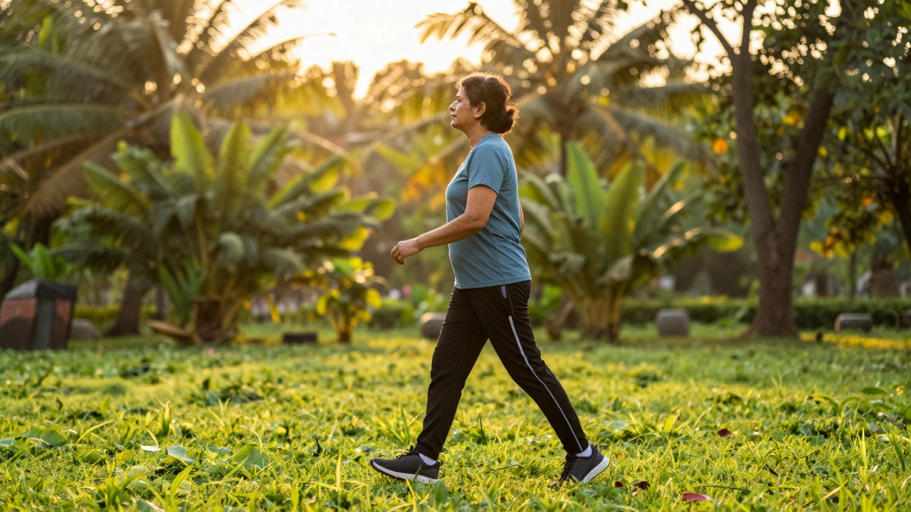 Person walking unaided in a sunny park, symbolizing full recovery after knee replacement