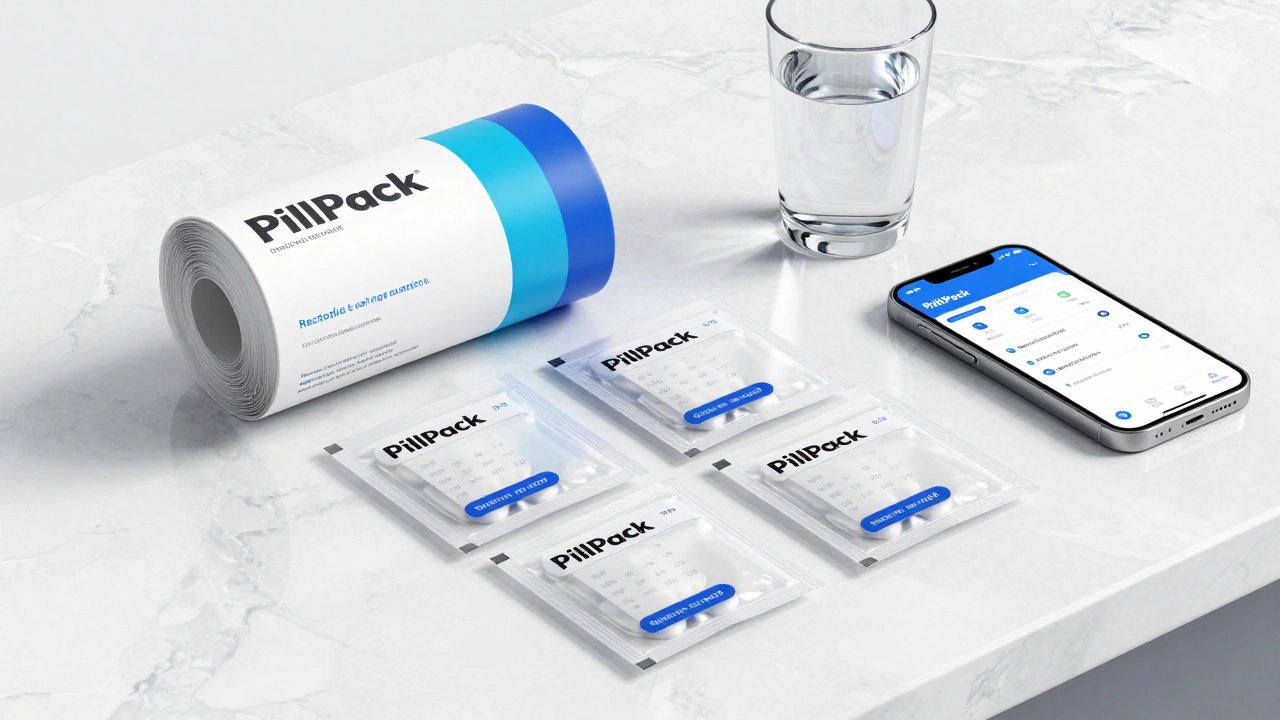 Pre-sorted medication packets with date and time labels on a clean white countertop.