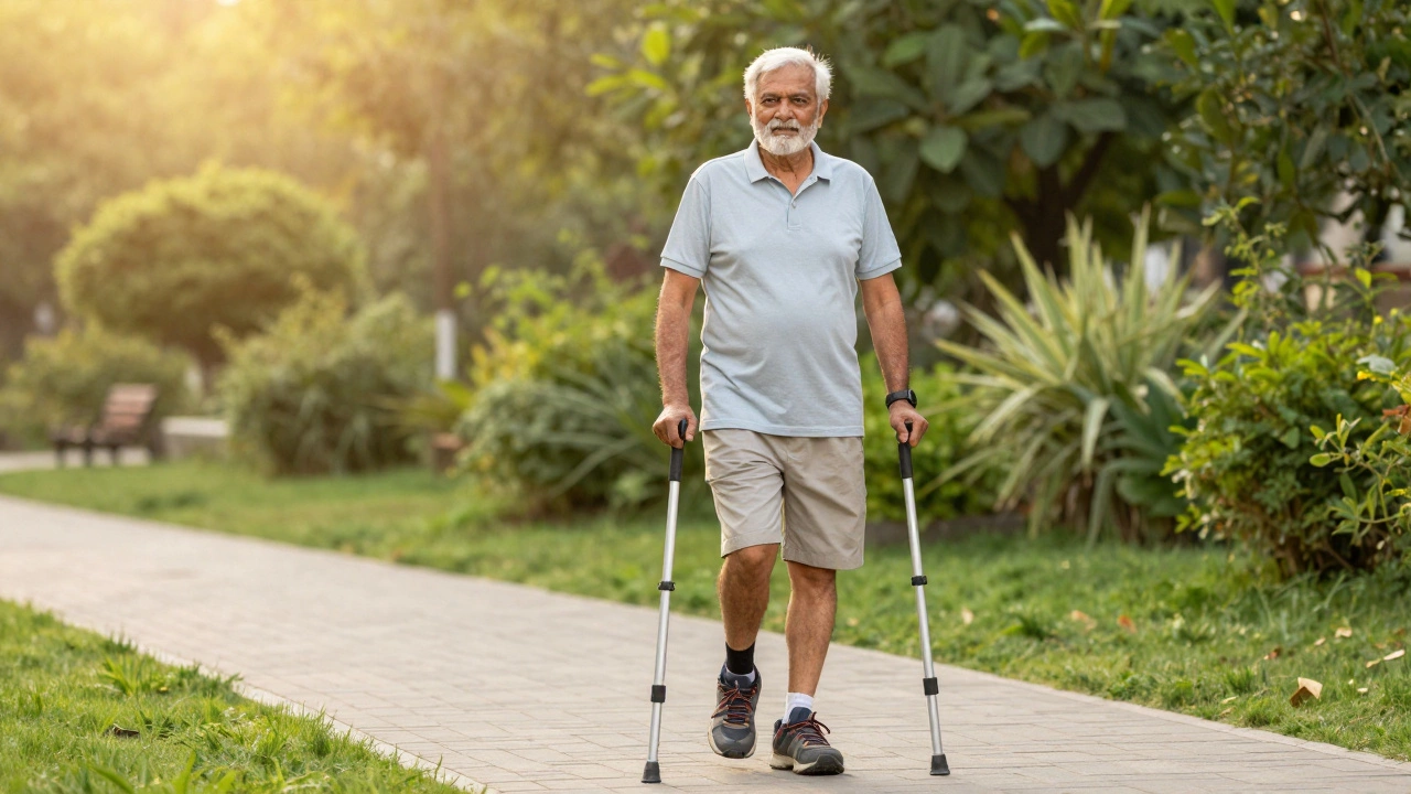 Active senior man walking outdoors without aids