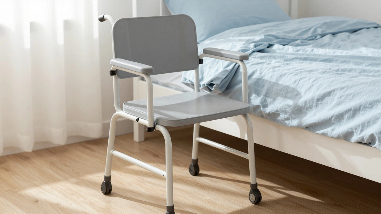 Bedside commode chair placed next to a bed for easy patient access