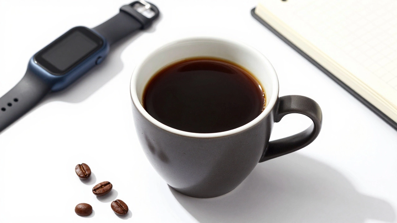 Black coffee cup next to a fitness tracker on a clean white desk