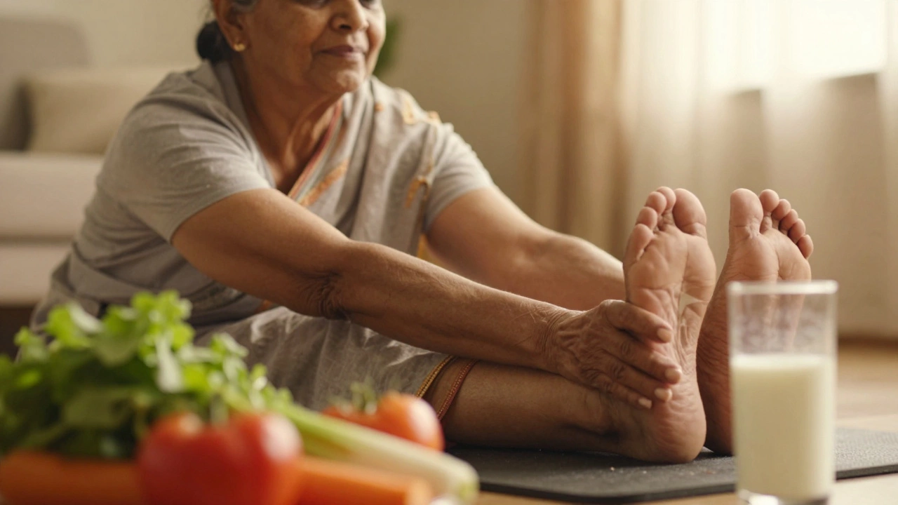Elderly woman doing yoga stretches with healthy food nearby.