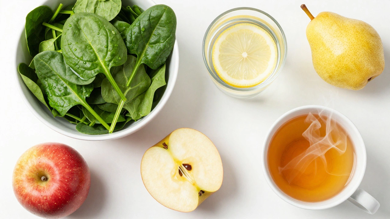 Fresh fruits, vegetables, and water arranged for digestive health after surgery