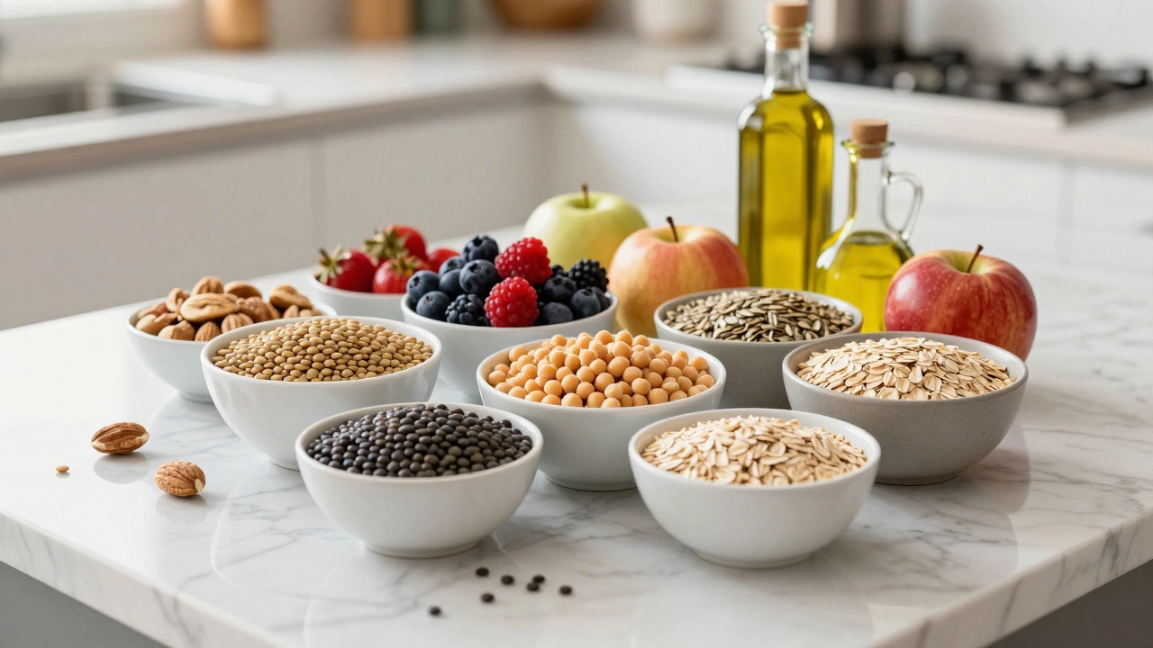 Fresh whole foods including lentils, fruits, and nuts on a kitchen counter