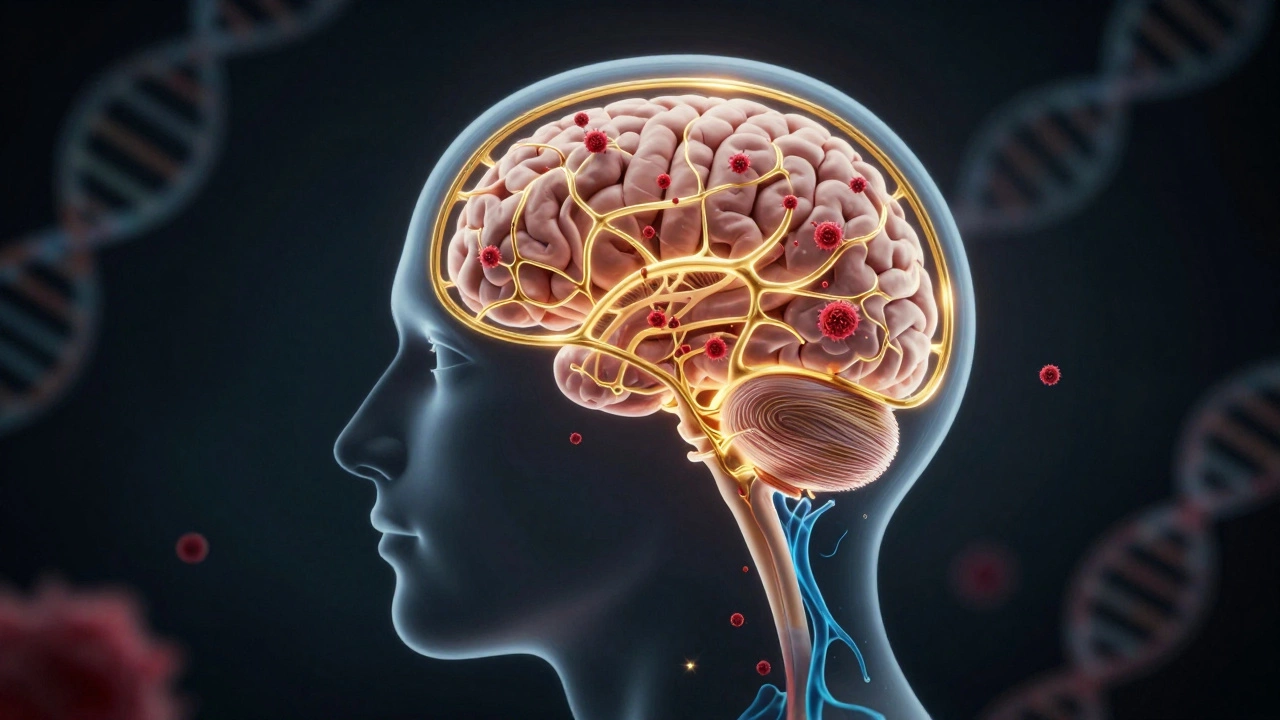 Illustration of blood-brain barrier trapping tumor cells from blood