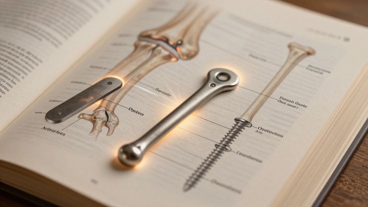 Medical implants and anatomical diagrams on textbook