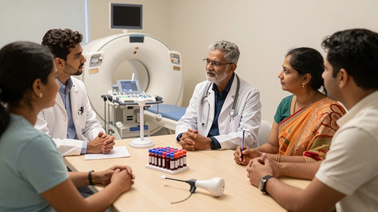 Medical team discussing imaging and physical exams for cancer screening