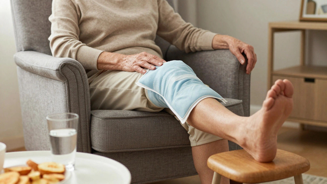 Person resting in an armchair with leg elevated and ice pack on knee