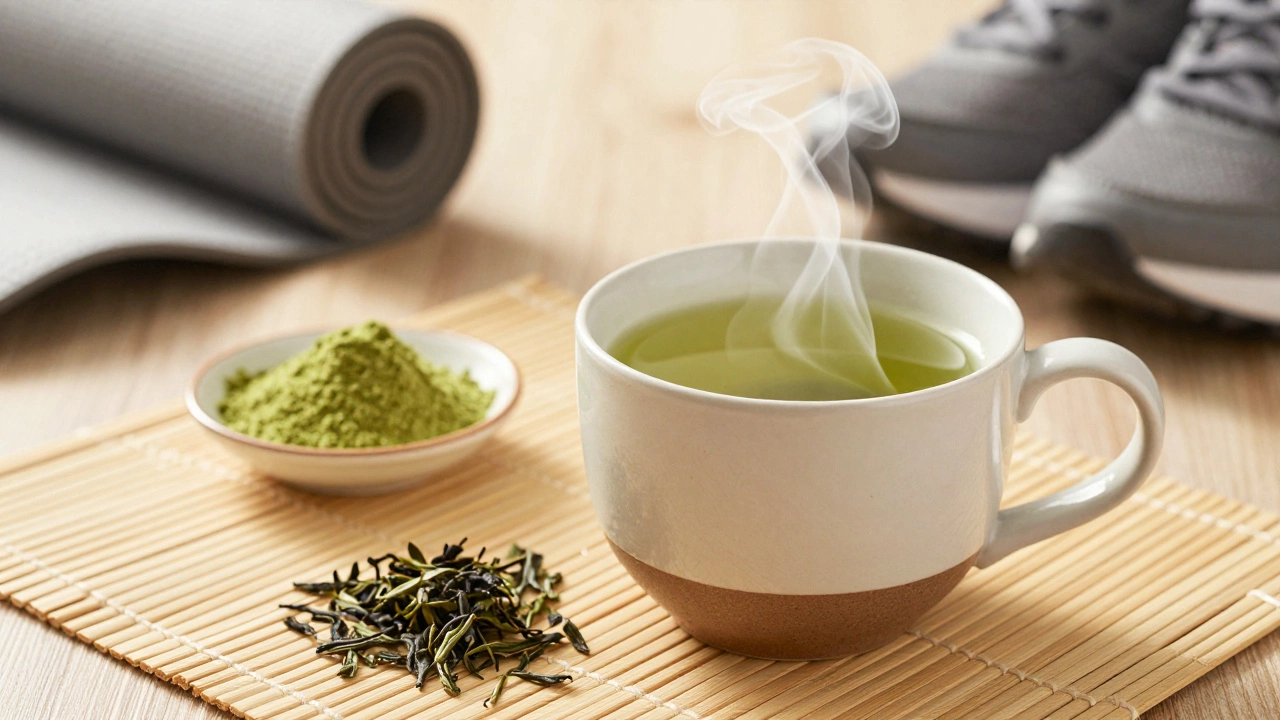 Steaming mug of green tea with loose leaves and matcha powder on bamboo