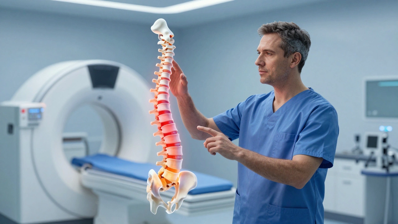 Surgeon examining a holographic 3D model of a spine and hip.