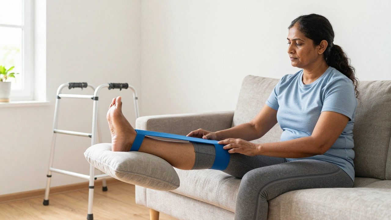 Woman doing leg exercises at home with elevated knee