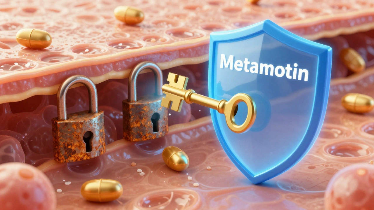 3D concept art showing Metformin helping insulin unlock cell membranes for sugar absorption.