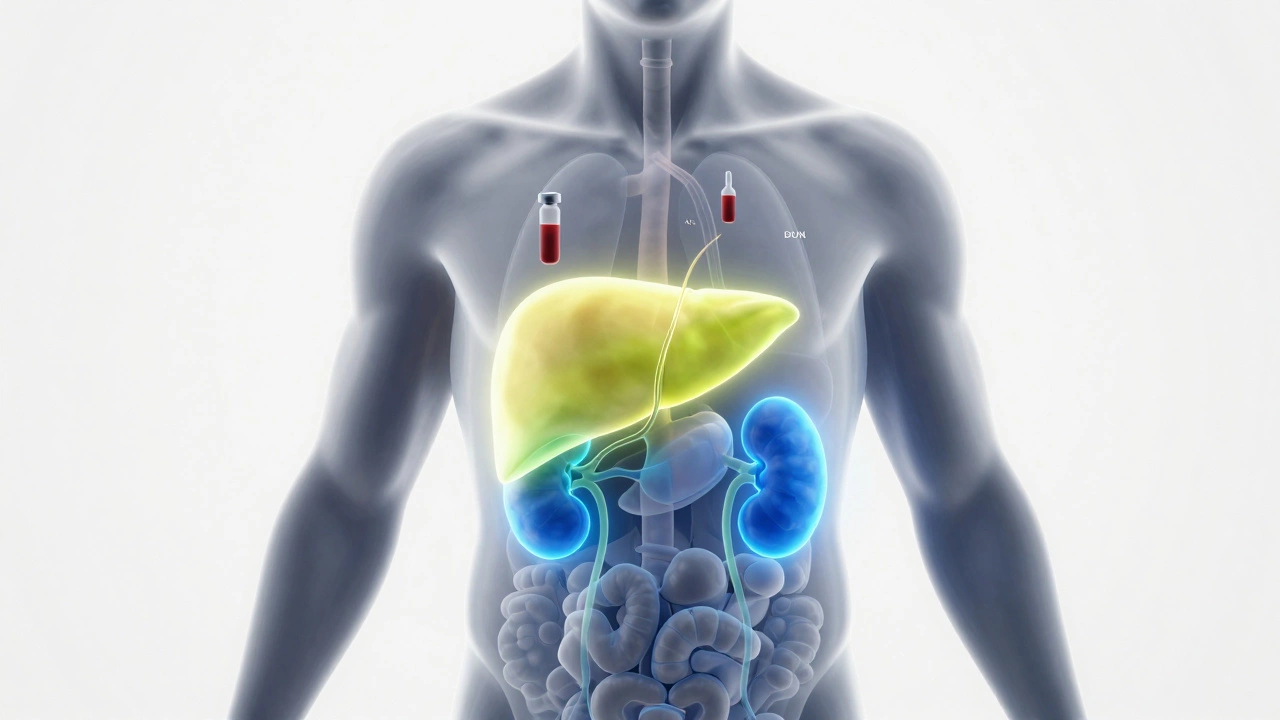 3D illustration of glowing liver and kidneys connected to blood samples