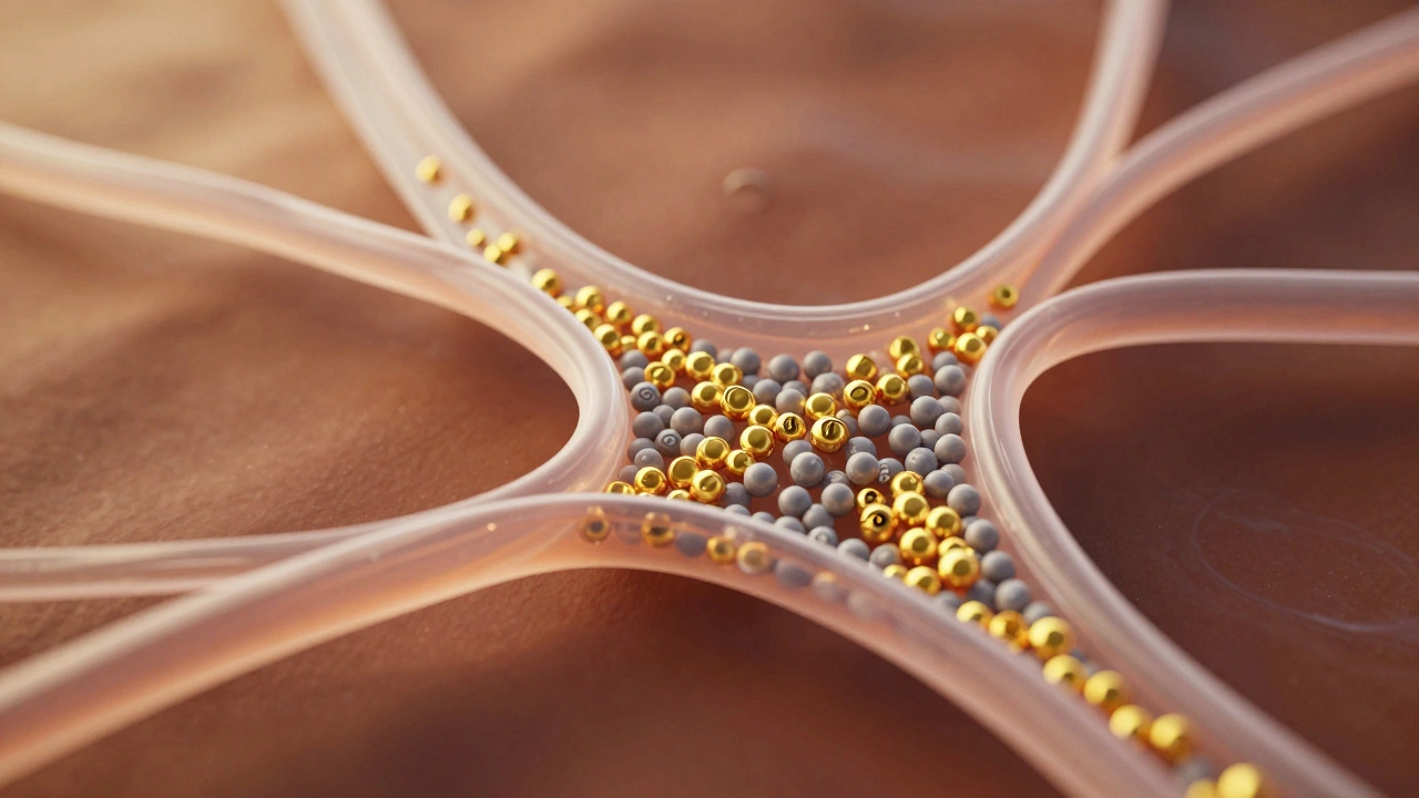 Abstract art depicting HDL and LDL cholesterol particles in arteries