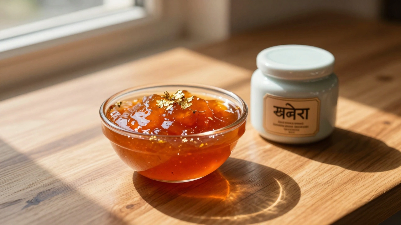 Bowl of herbal jam topped with gold leaf in warm sunlight