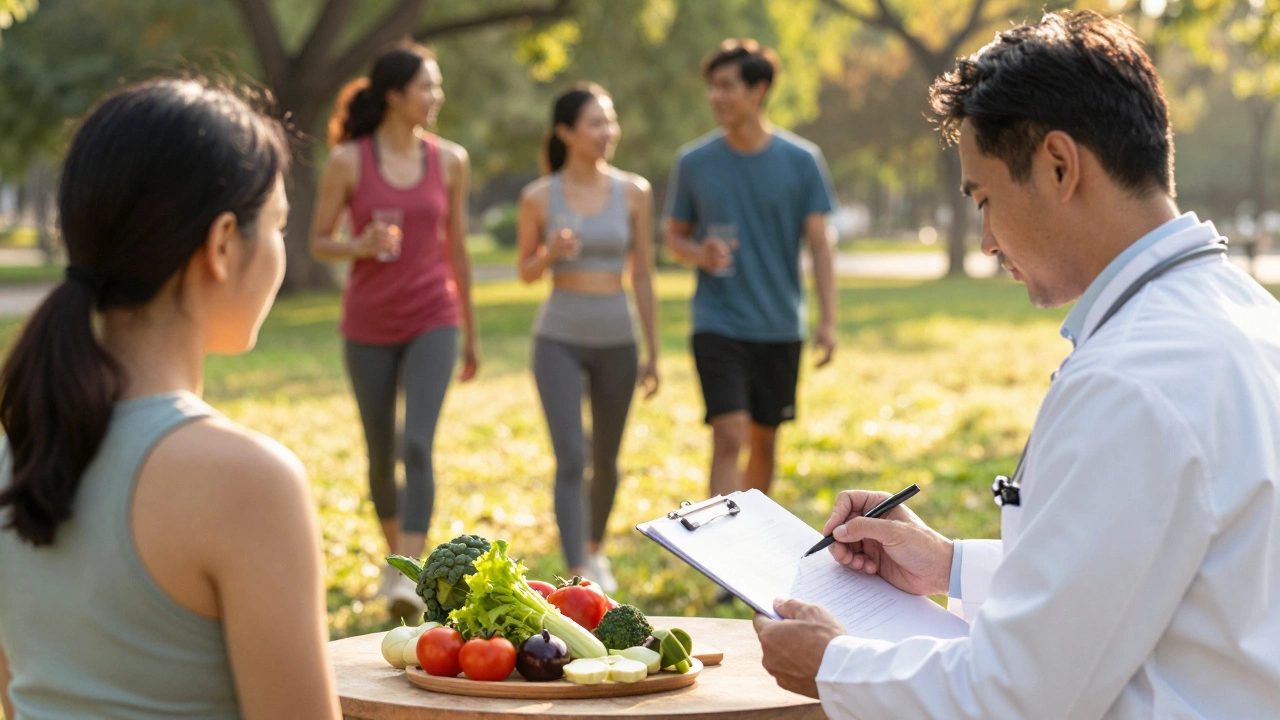 Doctor advising patient alongside healthy lifestyle activities