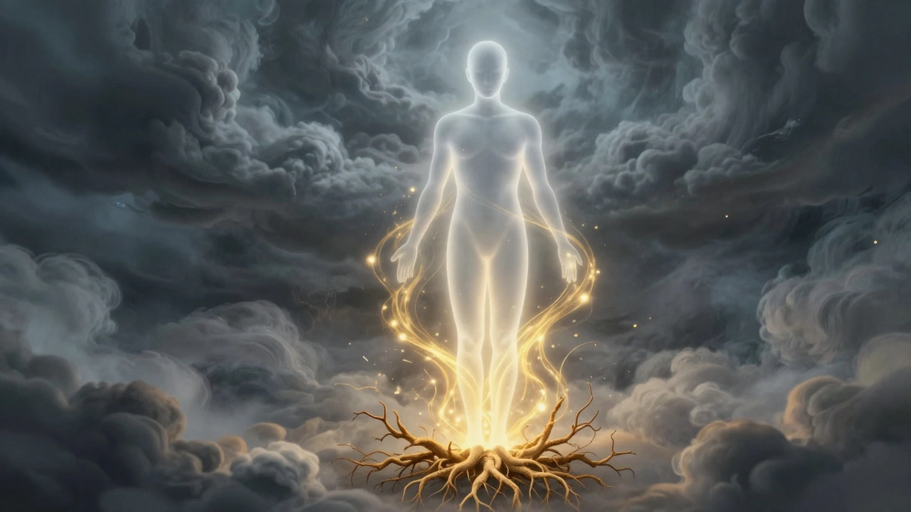 Golden energy shielding a figure from stress