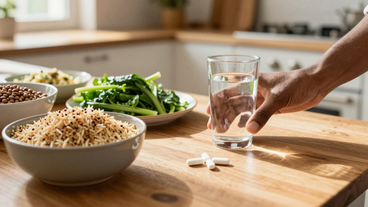 Healthy Indian meal with brown rice and veggies alongside water and medication pills.