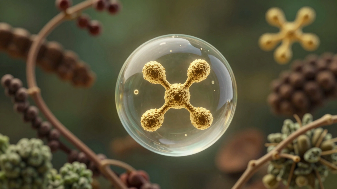 Macro view of golden nanoparticles in liquid with herbal background