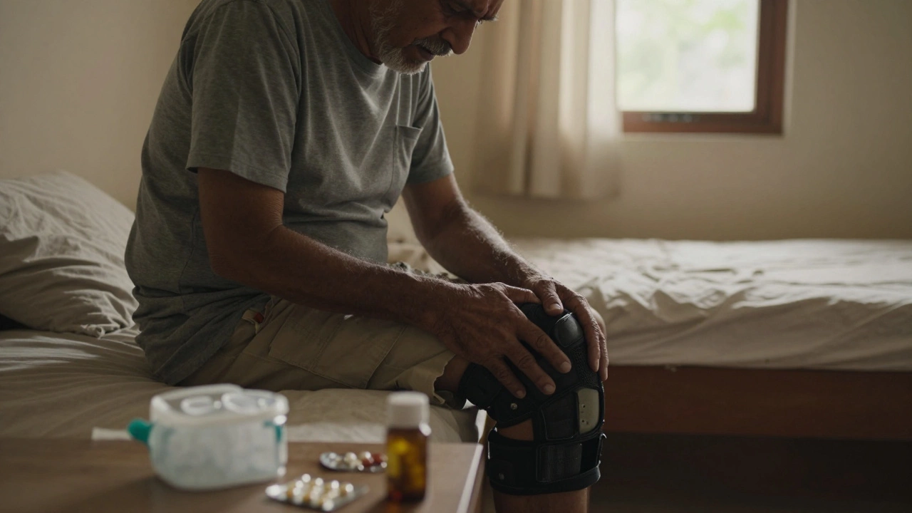 Man holding painful knee with ice pack and medicine nearby