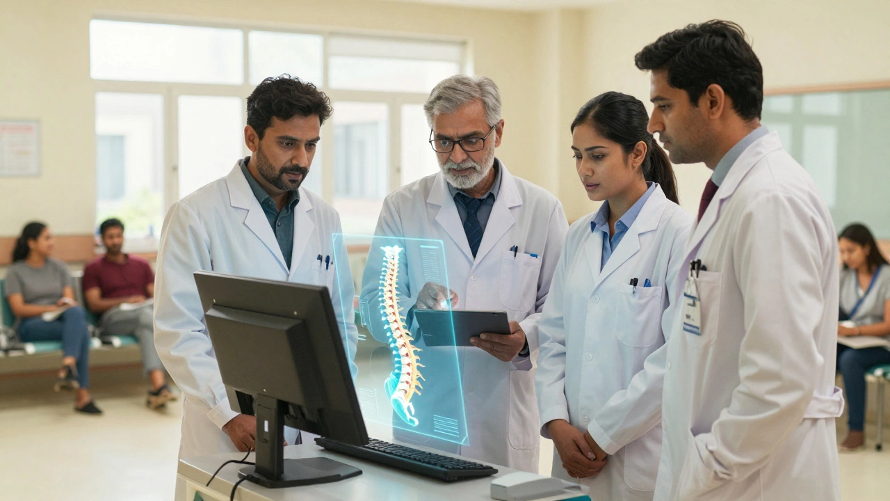 Medical team collaborating around a 3D joint model in a hospital