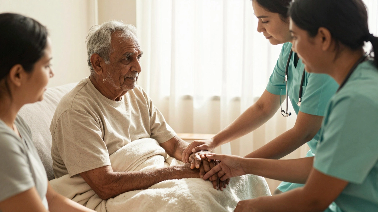 Palliative care team comforting patient in a warm home setting