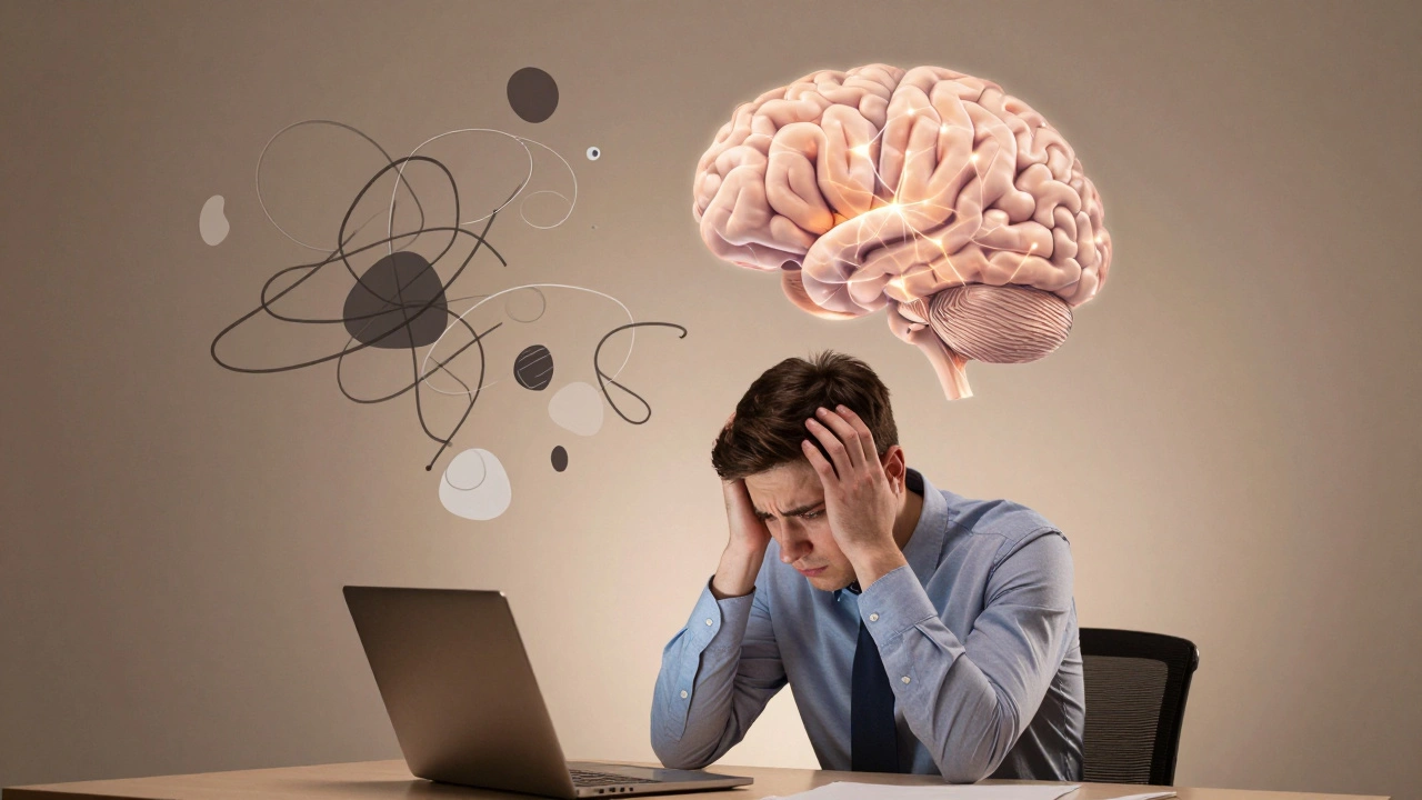 Person overwhelmed by tangled abstract shapes representing cognitive difficulties