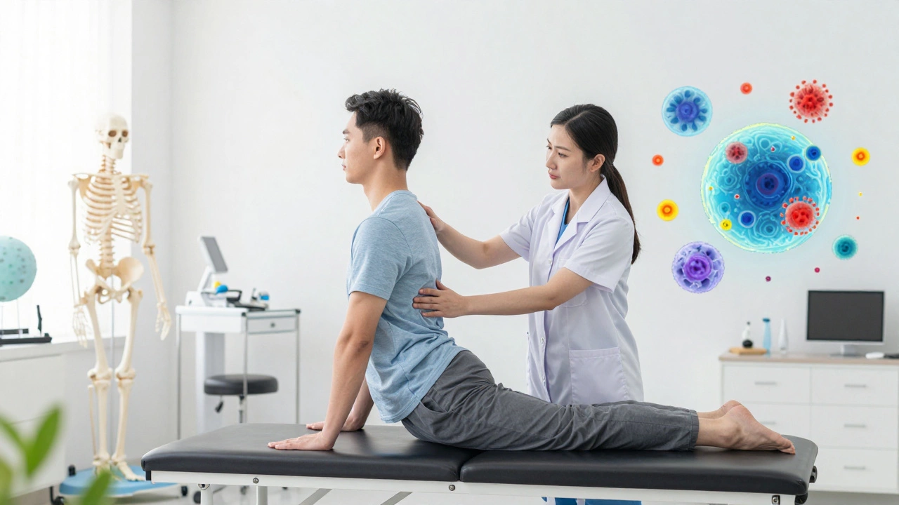 Physiatrist helping patient with rehab exercises in a bright clinic