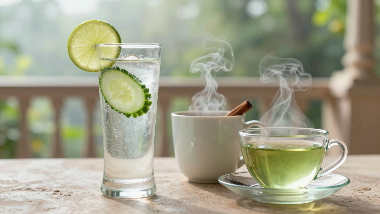 Sparkling water, black coffee, and green tea as healthy drink options