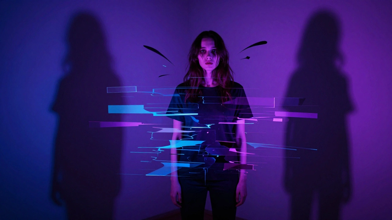Surreal depiction of a person experiencing hallucinations in a distorted reality