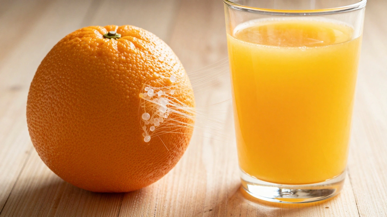 Whole orange compared to glass of juice showing fiber difference