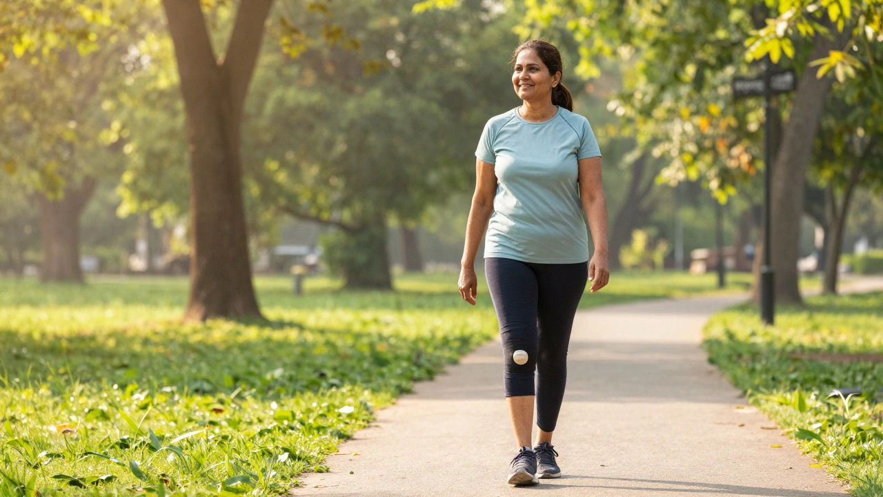 Woman walking happily in park after successful knee replacement