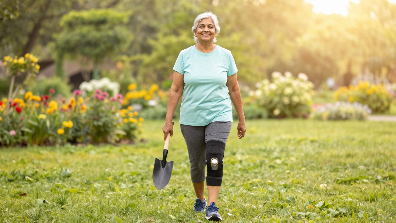 Active senior woman walking happily in garden after full recovery