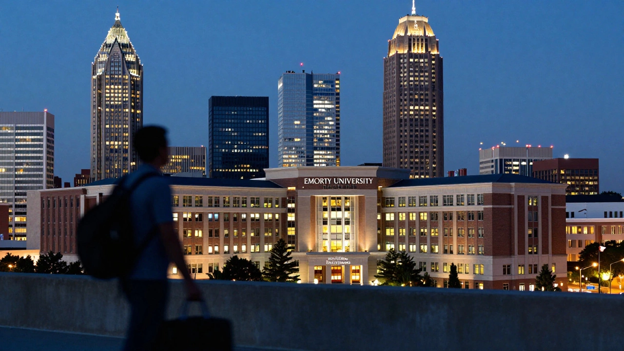 Atlanta skyline with hospital and airport lights at dusk