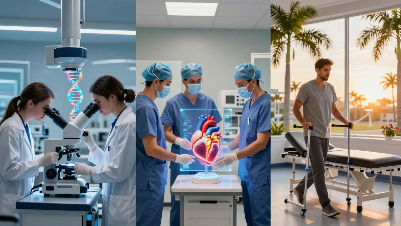 Comparison of oncology lab, heart surgery, and orthopedic recovery scenes.