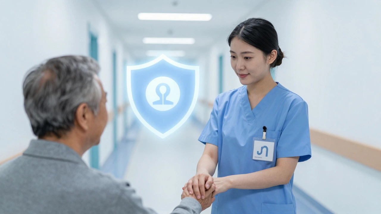 Compassionate nurse holding patient's hand in a modern hospital corridor.