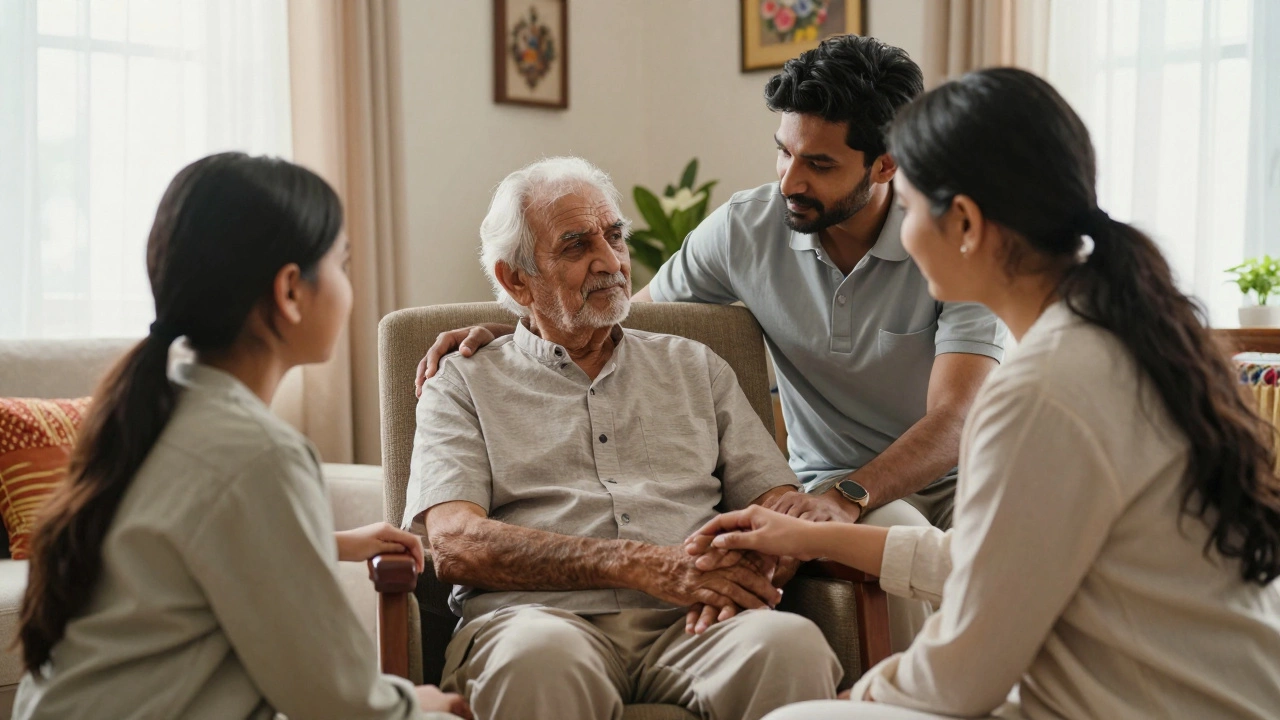 Family supporting a recovering patient in a warm, sunlit home
