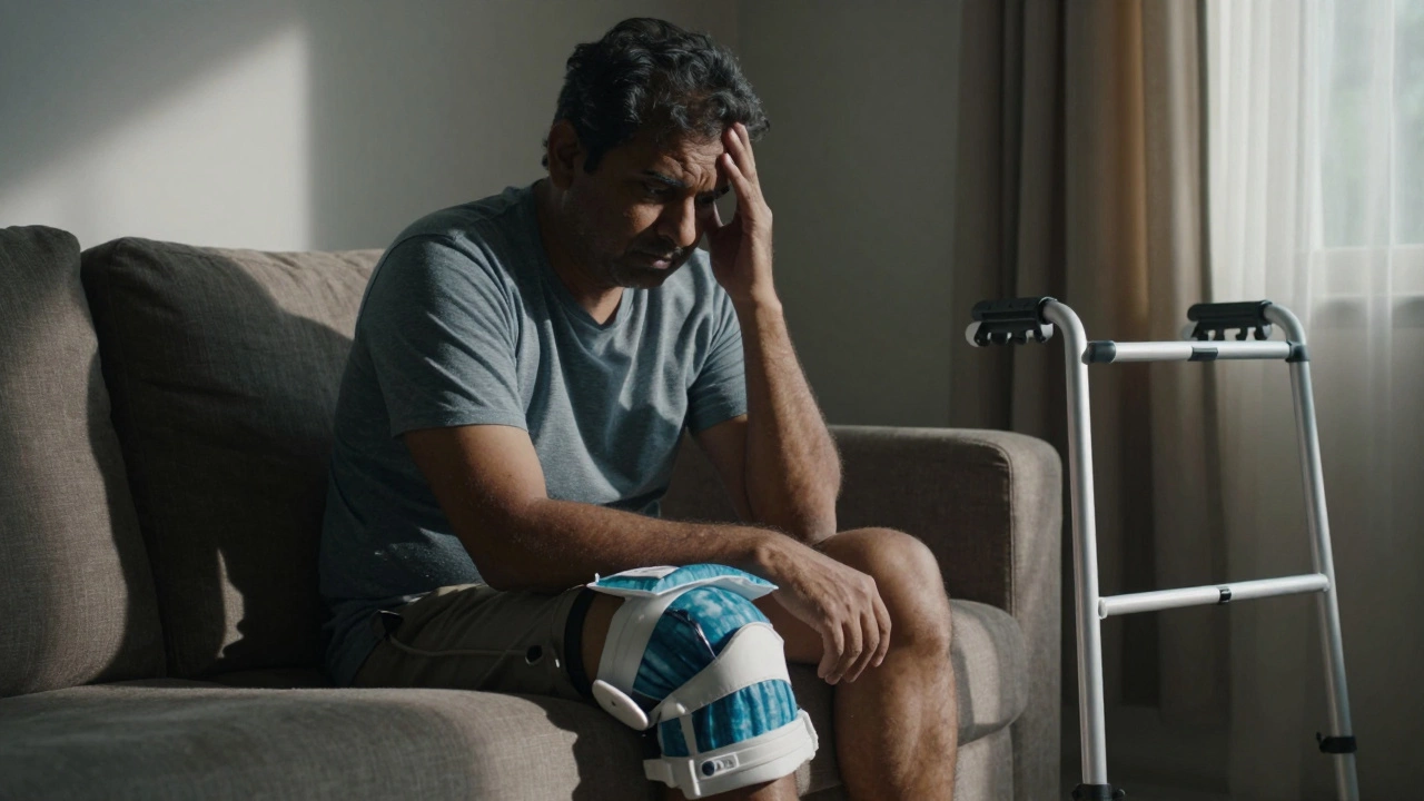 Frustrated patient managing pain at home during early recovery