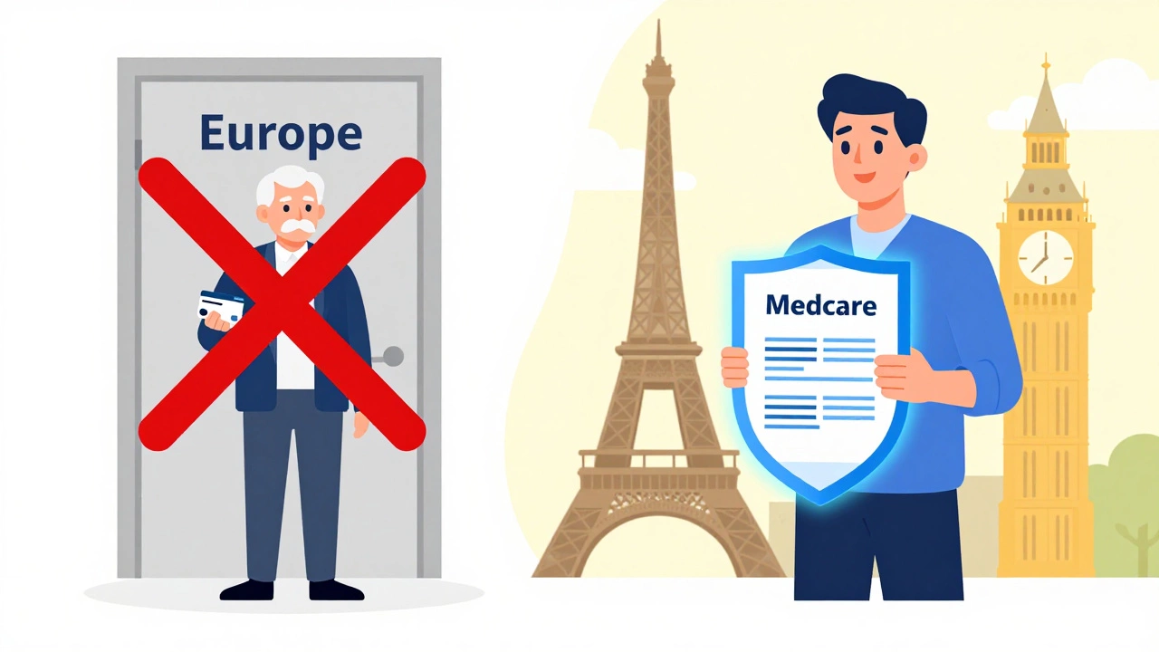 Illustration contrasting lack of Medicare coverage abroad with proper travel medical insurance