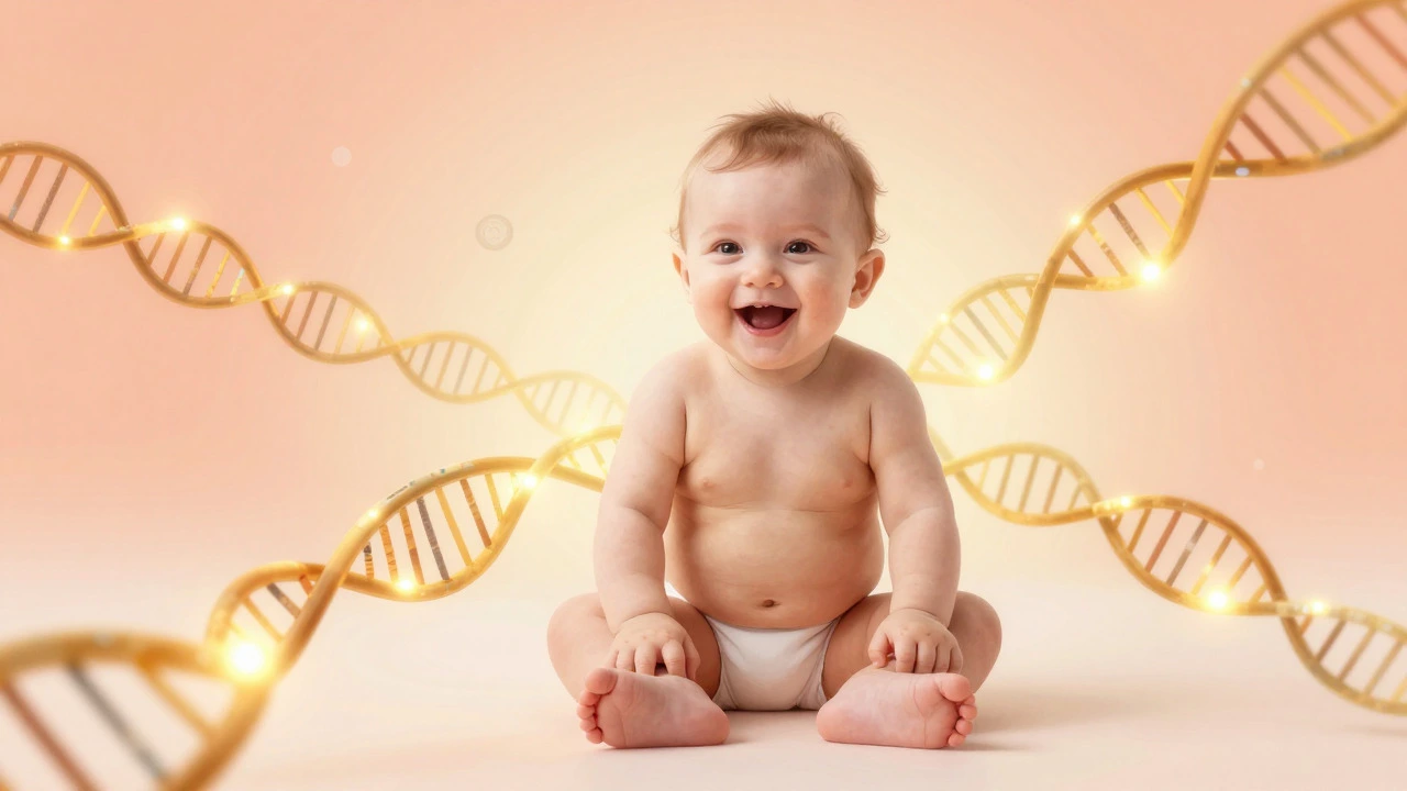 Illustration of a healthy baby with abstract DNA strands.