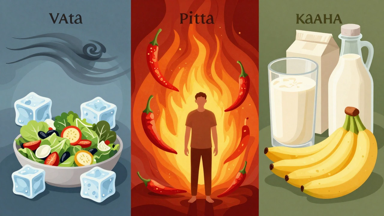 Illustration showing foods to avoid for Vata, Pitta, and Kapha