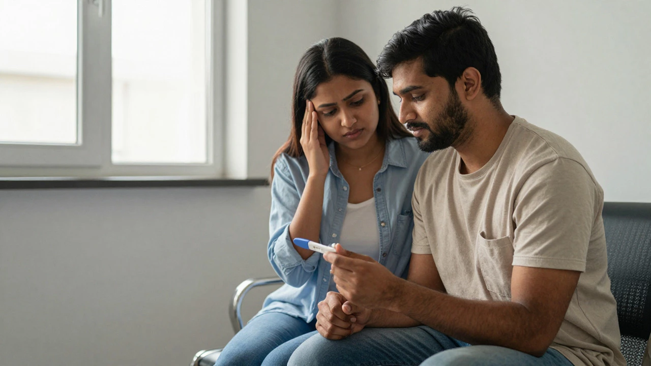 Indian couple holding a positive pregnancy test in a clinic.